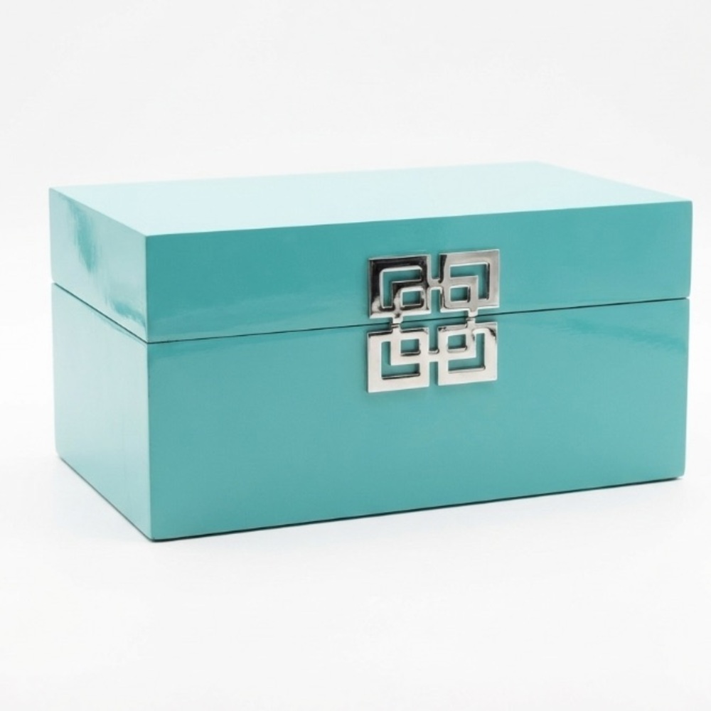 Galt International XL Tiffany Blue Lacquer Jewelry Box Greek Key Latch Glam